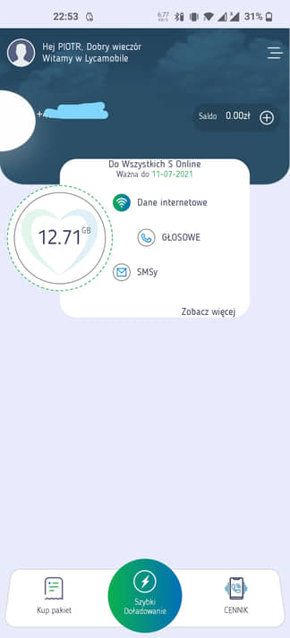Ekran główny aplikacji Lycamobile