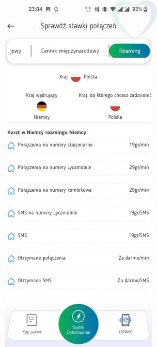 Cennik w aplikacji Lycamobile
