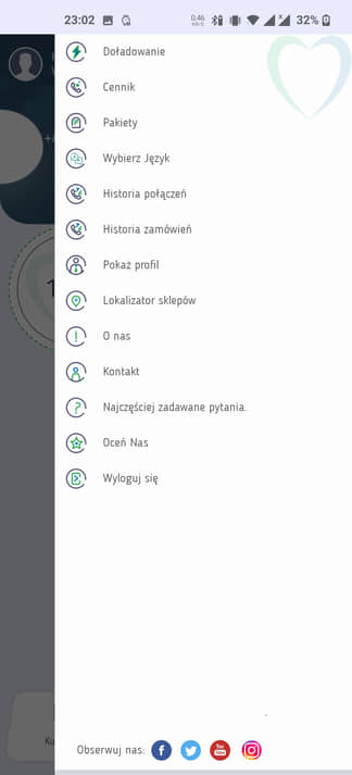 Menu w aplikacji Lycamobile