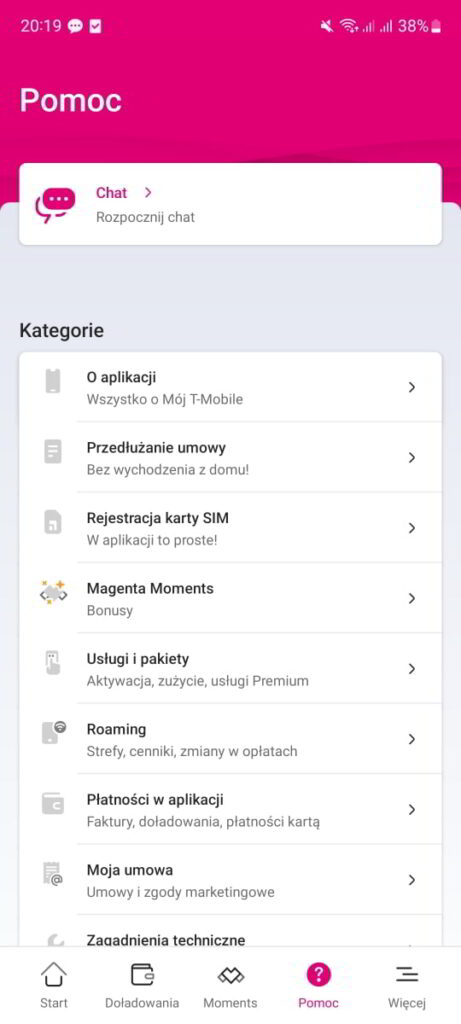 Pierwszy krok do wymiany karty na eSIM w sieci T-Mobile - wybieramy opcję czatu