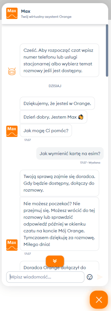 Przykładowy chat w serwisie internetowym Mój Orange