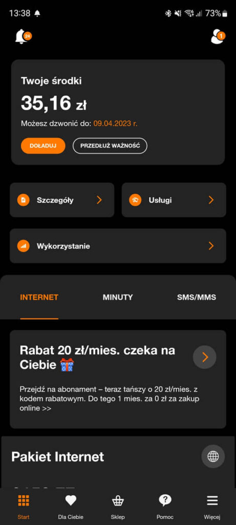 stan kotna w aplikacji Mój Orange