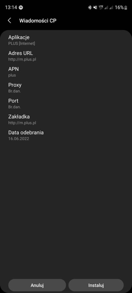 Ustawienia Internetu do instalacji - Plus GSM