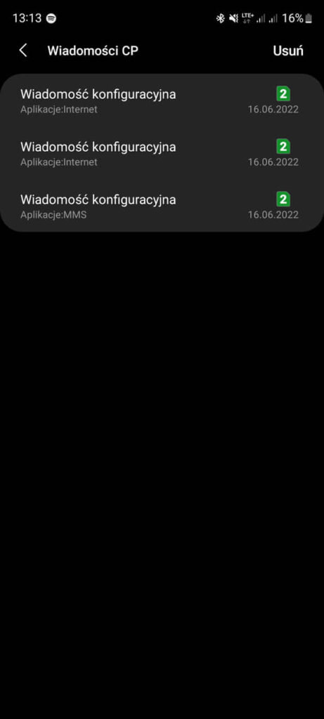 wiadomość SMS z konfiguracją Internetu