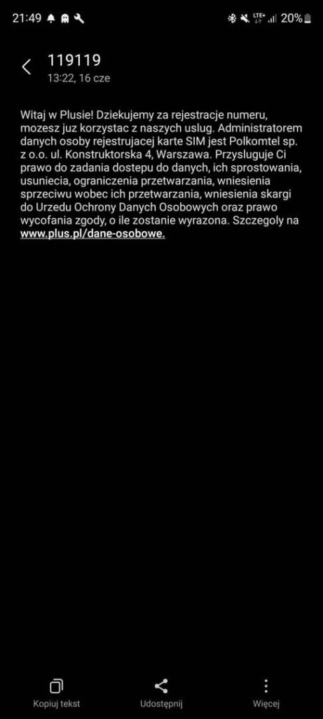 wiadomość po rejestracji karty SIM