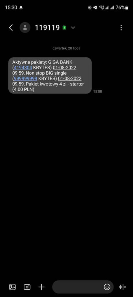 stan Internetu krótkim kodem Plus