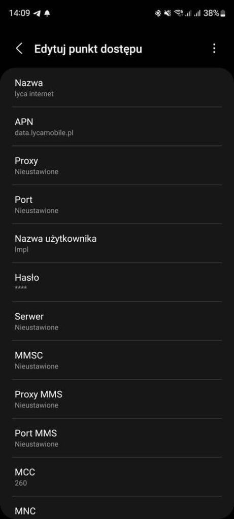 ustawienia Internetu w Lycamobile w androidzie