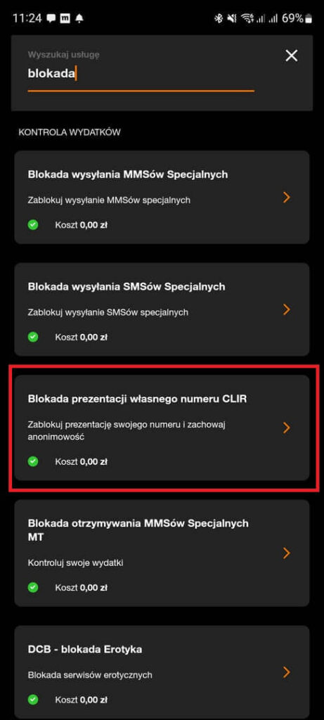 Blokada numeru - wyszukiwanie w Mój Orange