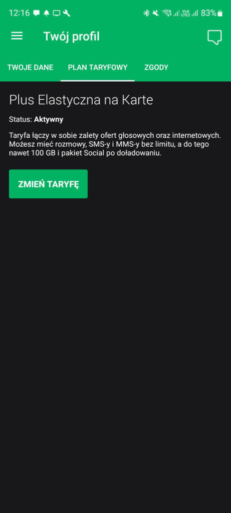 informacja o taryfie na kartę w sieci Plus