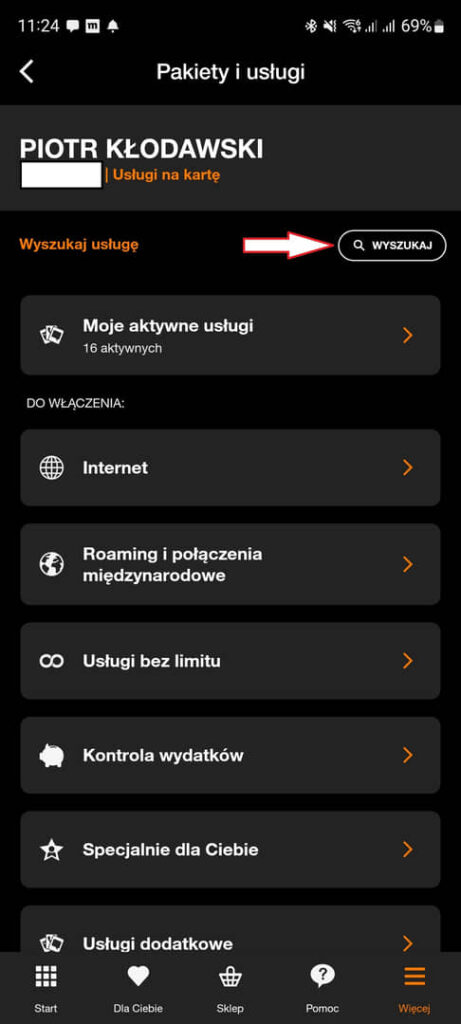wyszukanie opcji CLIR w Mój Orange
