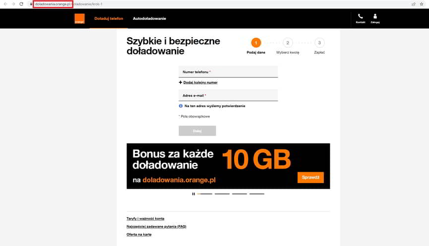 Strona Orange doładowanie z bonusem