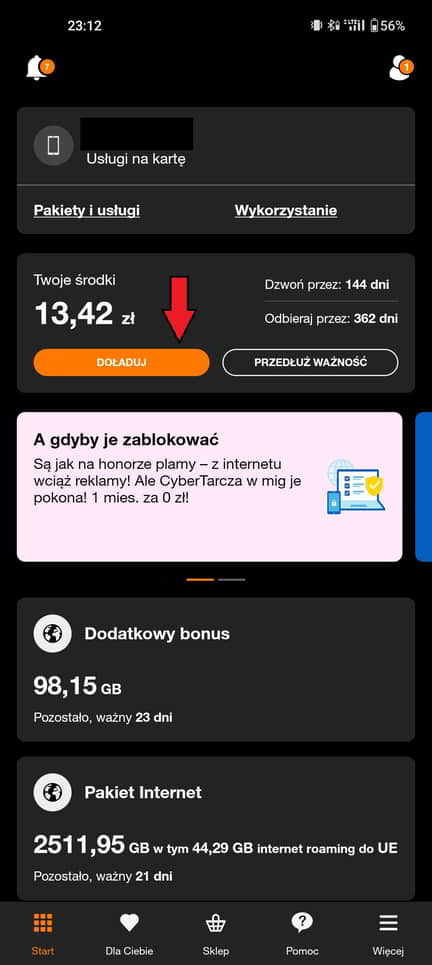 Ekran główny w aplikacji Mój Orange
