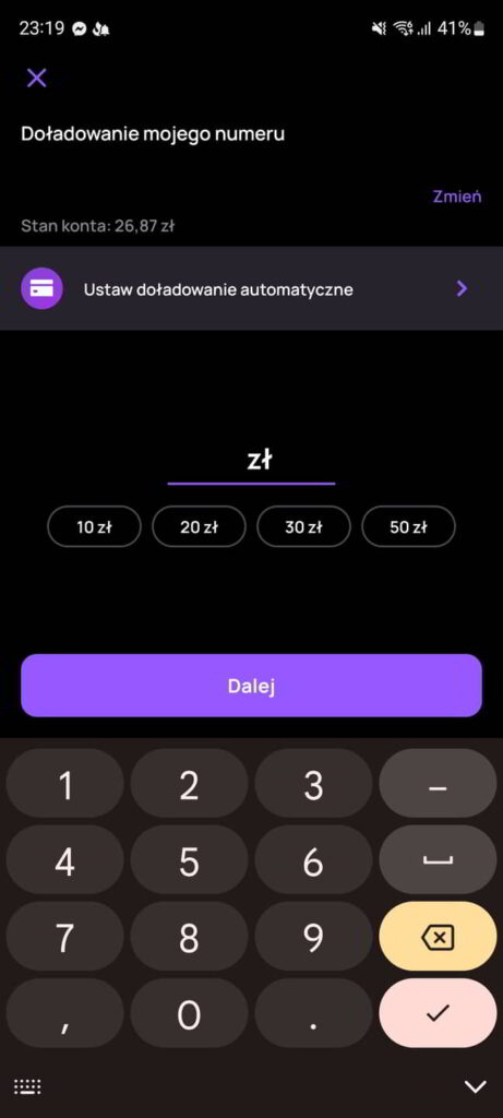 doładowanie karty w Play24 wybór kwoty