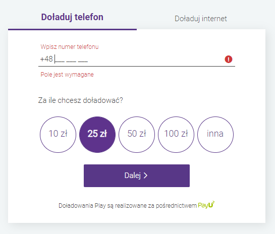 doładowanie telefonu Play przez stronę