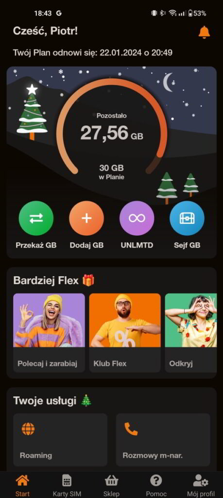 Widok główny aplikacji Orange Flex