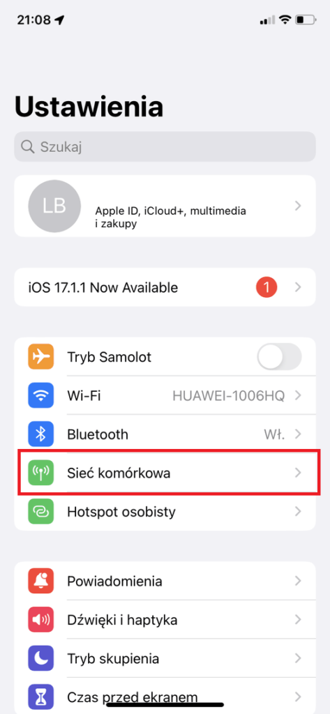 Krok 1 konfiguracji MMS w sieci Plus dla systemu iOS