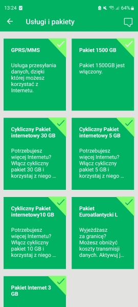 Program iPlus pokazujący możliwe do włączenia pakiety Internetu
