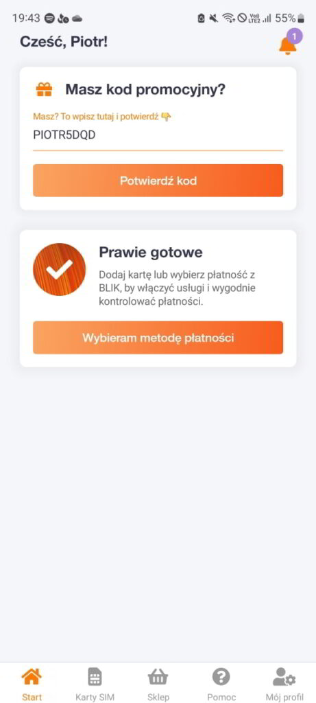 W tym miejscu wpisuje się kod polecający Orange Flex