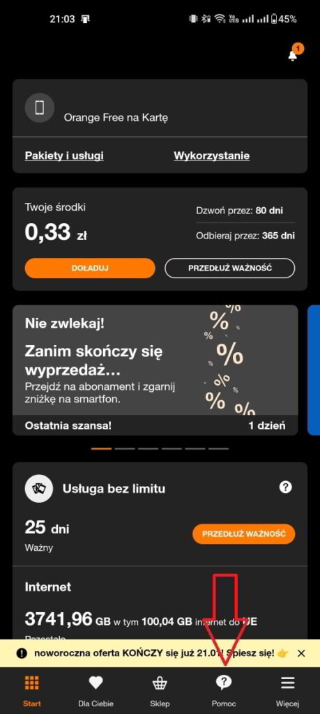 Widok ekranu głównego aplikacji Mój Orange - krok pierwszy do kontaktu z konsultantem