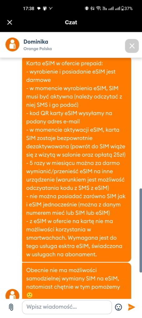 Zapis czatu dotyczący eSIM z konsultantem Orange w aplikacji
