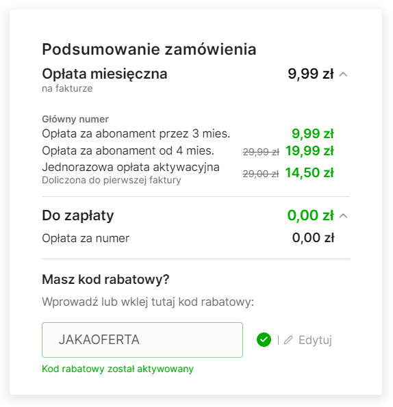 Grafika przedstawiająca obniżoną cenę z zastosowaniem kuponu promocyjnego w sieci lajt mobile