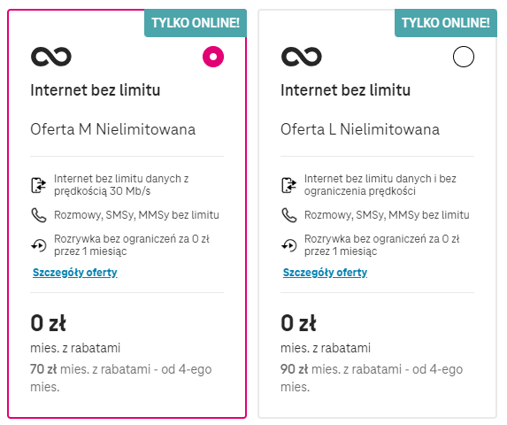 Tabelka porównawcza abonamentów bez limitu Internetu